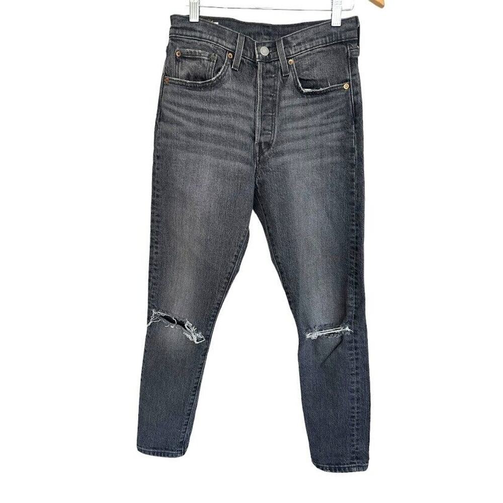 Levis Premium 501 Jeans Women 27x 28 Black Denim Button Fly Straight Distressed